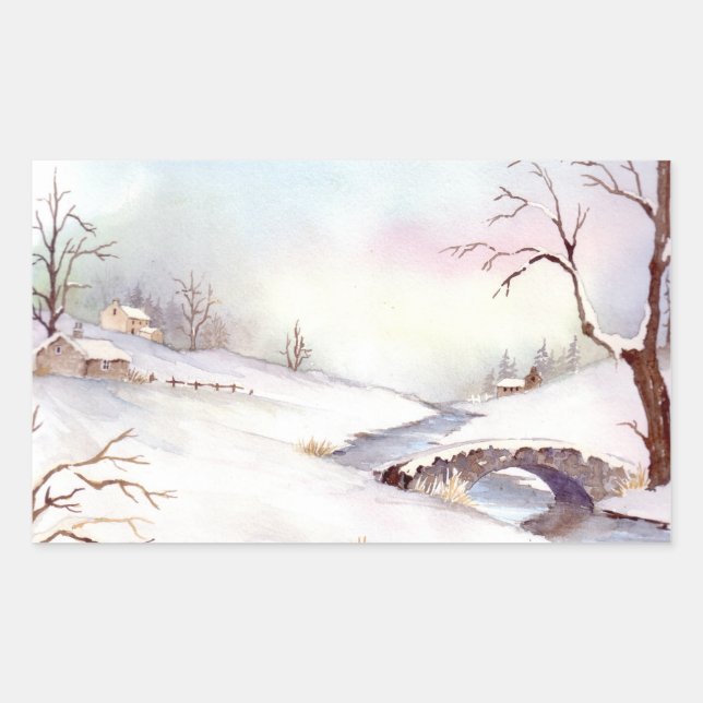 Adesivo Retangular Pintura de Paisagem de Aquarela da Ponte Snowy (Frente)