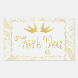 Adesivo Retangular Pombinhos de Amor Obrigado Dourado Branco Casament