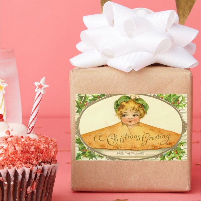 Adesivo Retangular Pop surpresa da garota da vindima na torta de Nata (Festa)