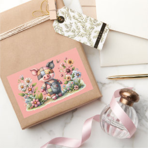 Adesivo Retangular Porquinho de Patchwork Fofo no Jardim Floral Ímã