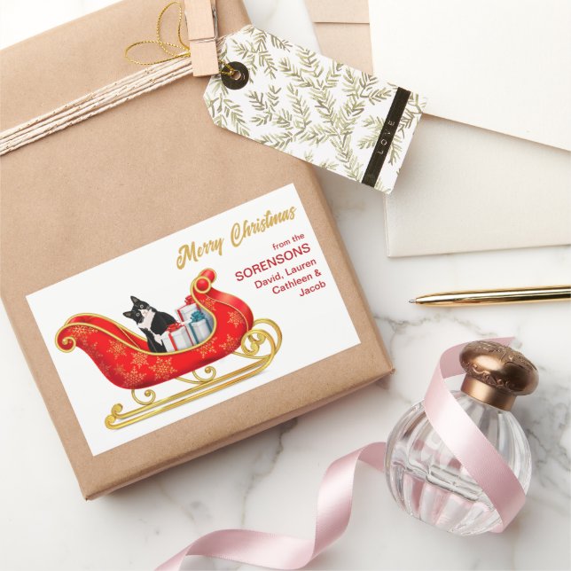 Adesivo Retangular Presente de Natal de Gato Branco Negro (Presentear)