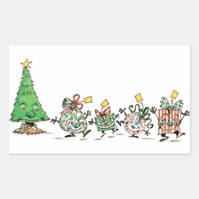 Adesivo Retangular Presentes de Natal e Árvore Dançantes de Desenho A (Frente)