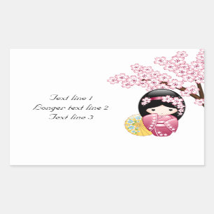 Adesivo Retangular Primavera Kokeshi Doll - Garota Geisha Japonesa Bo