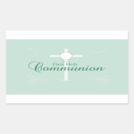 Adesivo Retangular Primeira Comunhão Sagrada, Script em Verde Suave