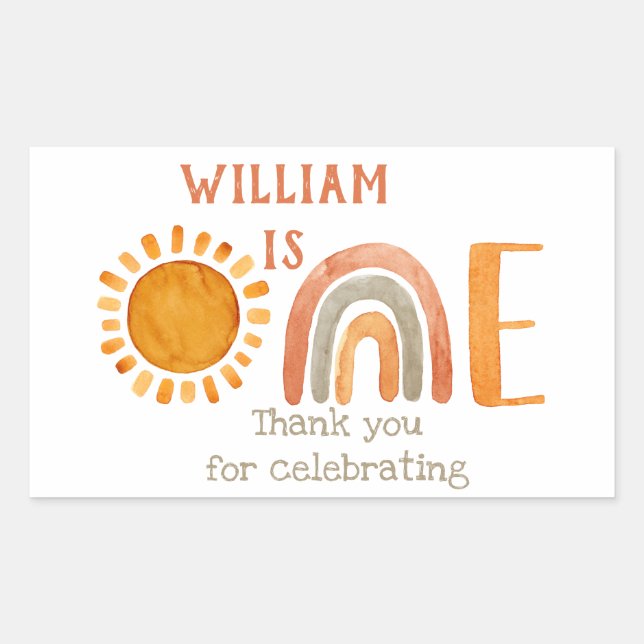 Adesivo Retangular Primeiro Aniversário Aquarela Boho Arco-íris e Sol (Frente)