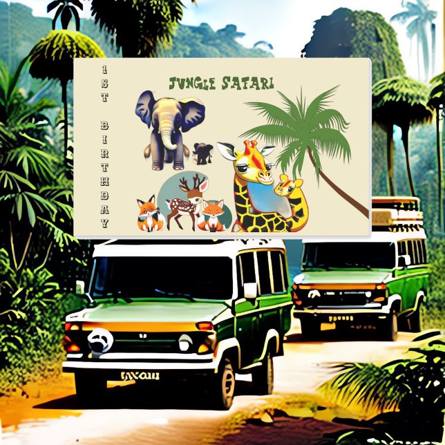 Adesivo Retangular primeiro aniversario Selgle Safari Elephan Giraffe (1st Birthday Jungle Safari Elephant Giraffe Deer Rectangular Sticker)