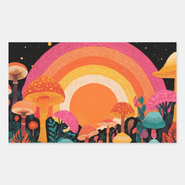 Adesivo Retangular Psychedelic Mushroom Sunset – Retro Fantasy Nature (Frente)