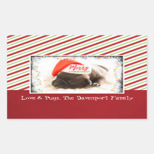 Adesivo Retangular Pug do Natal no chapéu do papai noel com luzes de