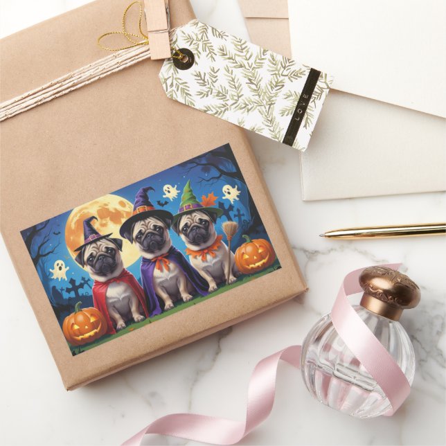 Adesivo Retangular Pug Dog Pumpkin Halloween Engraçado (Presentear)