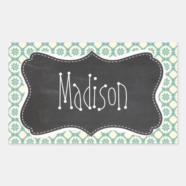 Adesivo Retangular Quadro De Vintagem Azul-Verde & Cream Floral; (Frente)