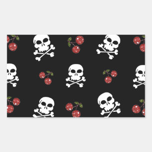 Adesivo Retangular RAB Rockabilly Caveiras e Cerejas em Preto