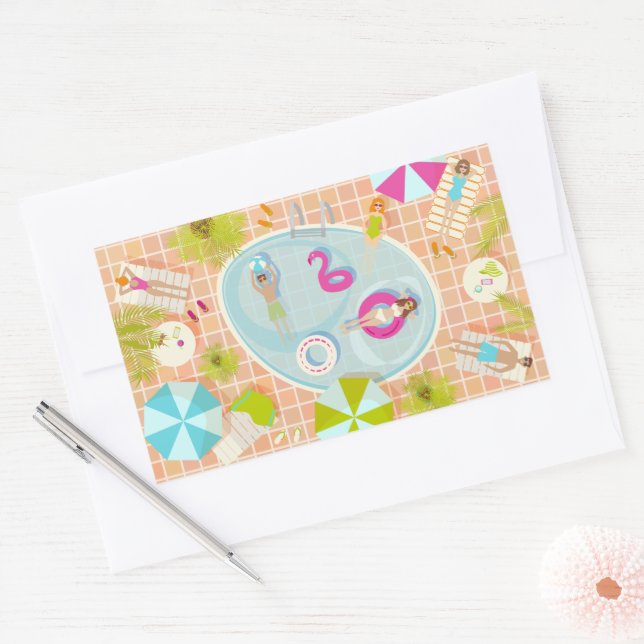 Adesivo Retangular Raparigas Bikini e caras jogando piscina de nataçã (Envelope)