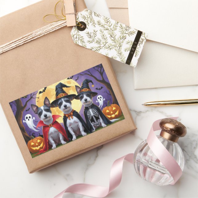 Adesivo Retangular Rat Terrier Dogs Pumpkin Halloween Engraçado (Presentear)