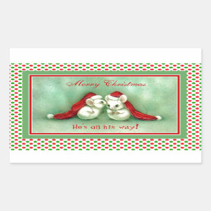 Adesivo Retangular Ratos do natal vintage com os chapéus vermelhos d