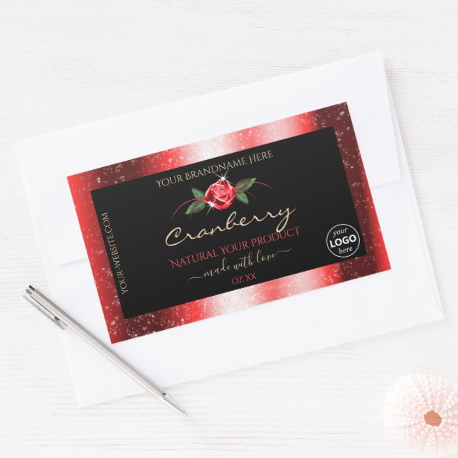 Adesivo Retangular Red Glitter Black Product Labels Rosa vermelha Adi (Envelope)
