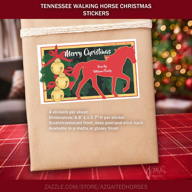 Adesivo Retangular Red Tennessee Walker Horse Christmas Jingle Bells (Red Tennessee Walker Horse Christmas Jingle Bells Rectangular Sticker)