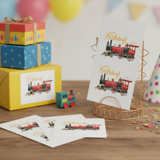 Adesivo Retangular Red Train Happy Birday (Red Train Happy Birthday Rectangular Sticker)