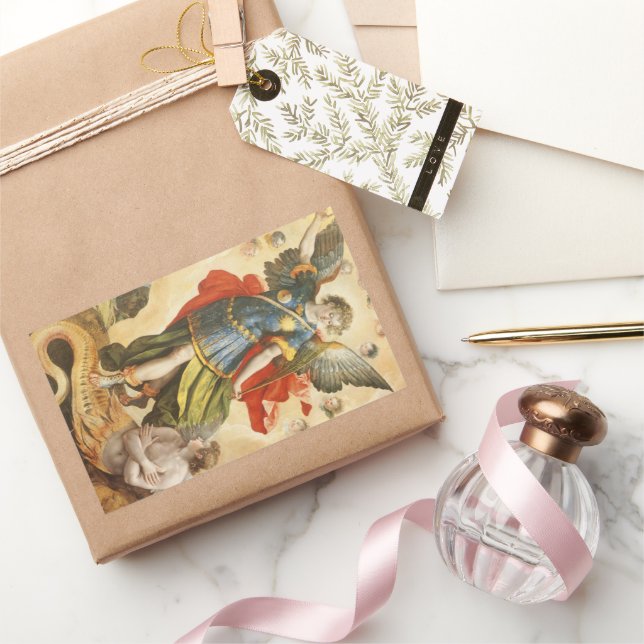 Adesivo Retangular Religioso Vintage, Santo Michael Derrota Lúcifer (Presentear)