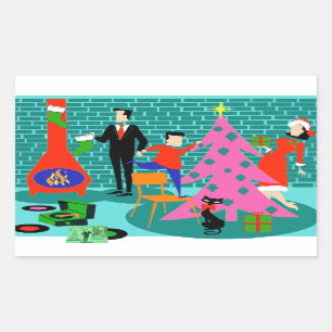 Adesivo Retangular Retro Family Trimming the Christmas Tree Stickers