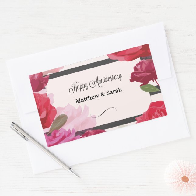 Adesivo Retangular Rosas de Aniversário de Casamento, Stripes, Nomes  (Envelope)