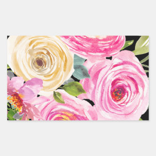 Adesivo Retangular Rosas em Aquarela em Rosa e Creme sobre Preto