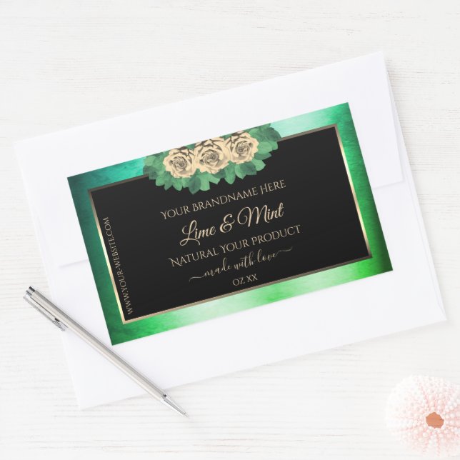 Adesivo Retangular Rosas Florais Rótulo de Produto Preto Verde-Teto M (Envelope)