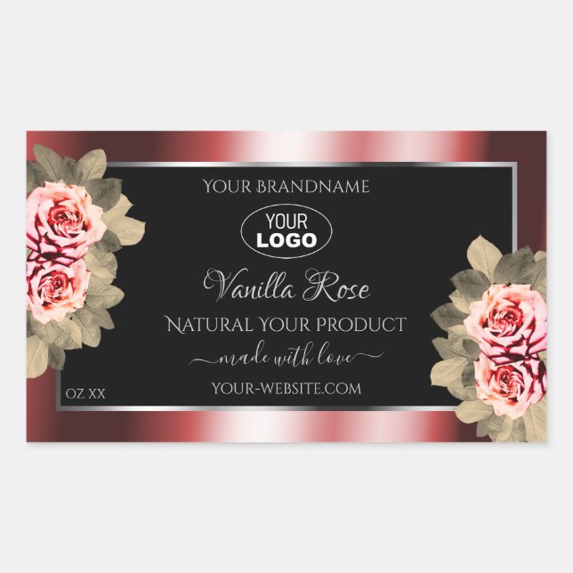 Adesivo Retangular Rosas Shimmering Red Black Product Labels Logo (Frente)