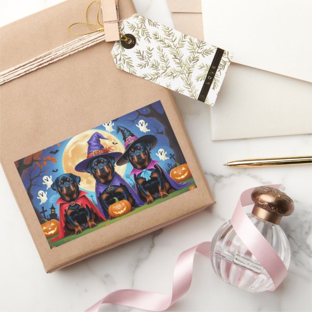 Adesivo Retangular Rottweiler Cães Abóbora Halloween Engraçado (Presentear)