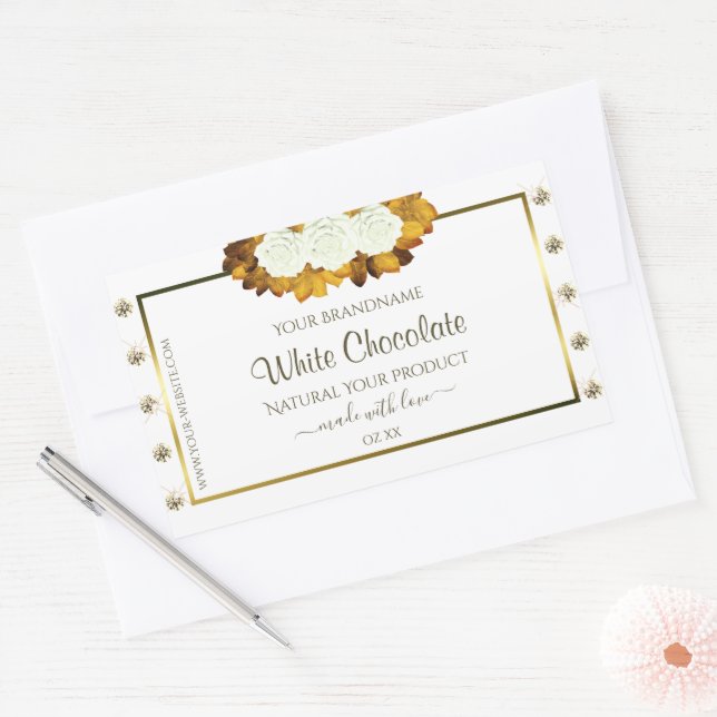 Adesivo Retangular Rótulo branco Dourado do produto Rosa de laranja F (Envelope)