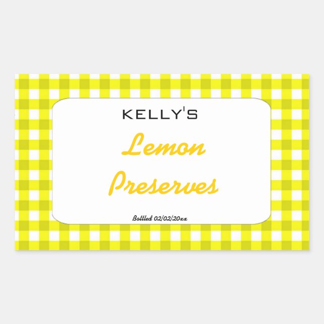 Adesivo Retangular Rótulo de conservação de limão de gingham amarelo (Frente)