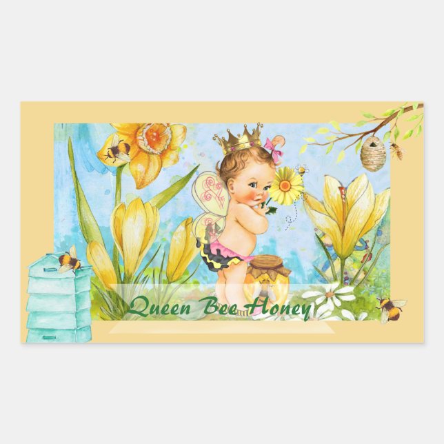 Adesivo Retangular Rótulo de conservas de abelhas da Rainha (Frente)