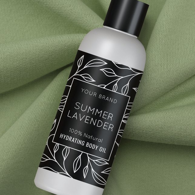 Adesivo Retangular Rótulo de Frasco Cosmético de 4 OZ preto moderno (Minimalist black floral design cosmo bottle wrapper style label design)