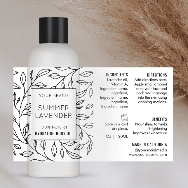 Adesivo Retangular Rótulo de Frasco Cosmético de 4 OZ Simples Floral  (Minimalist black and white floral design cosmo bottle wrapper style label design)