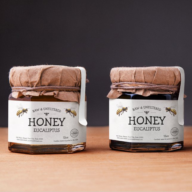 Adesivo Retangular Rótulo de Mel Personalizado Preto e Branco (Black And White Custom Honey Jar Label
)