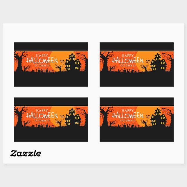 Adesivo Retangular Rótulo de Noite de Halloween Assombrada (“Beware the haunted house under the Halloween moon!”)