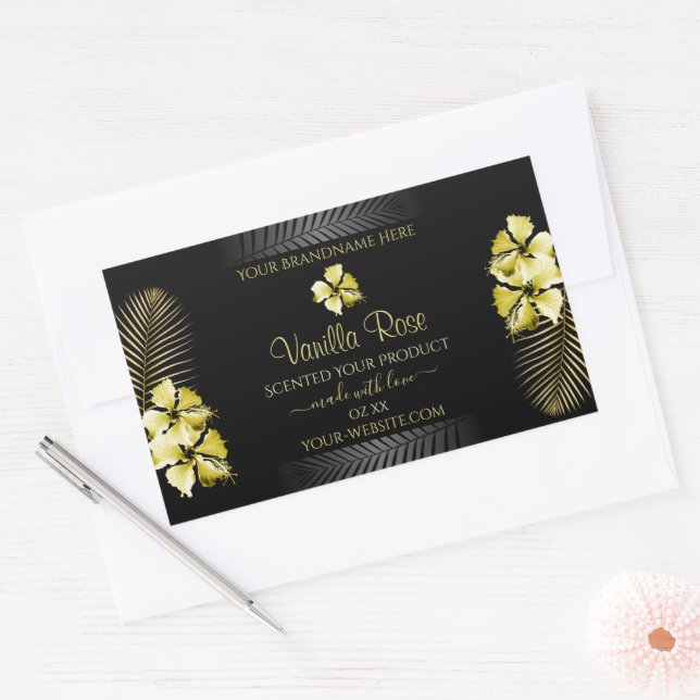 Adesivo Retangular Rótulo de Produto Dourado de Preto Tropical Flores (Envelope)