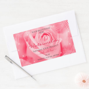 Adesivo Retangular Rótulo de Produto Floral Rosa Rosa Rosa e Folhas d