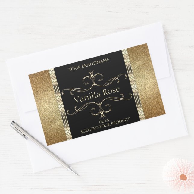 Adesivo Retangular Rótulo de Produto Negro Dourado Ornamental de Luxo (Envelope)