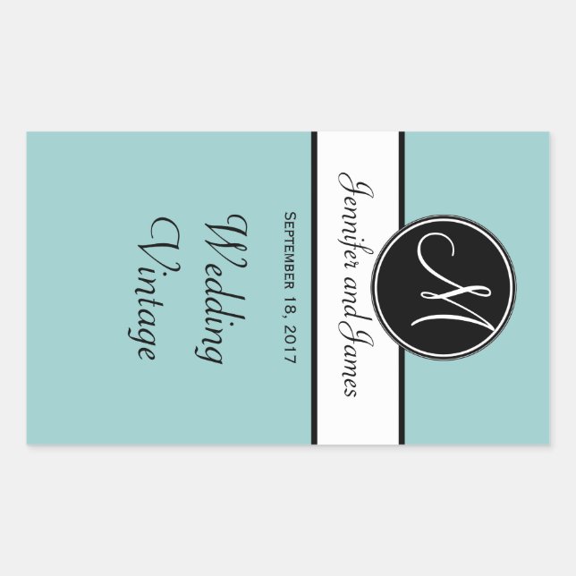 Adesivo Retangular Rótulo de Vinho de Casamento do Monograma Azul Bra (Frente)