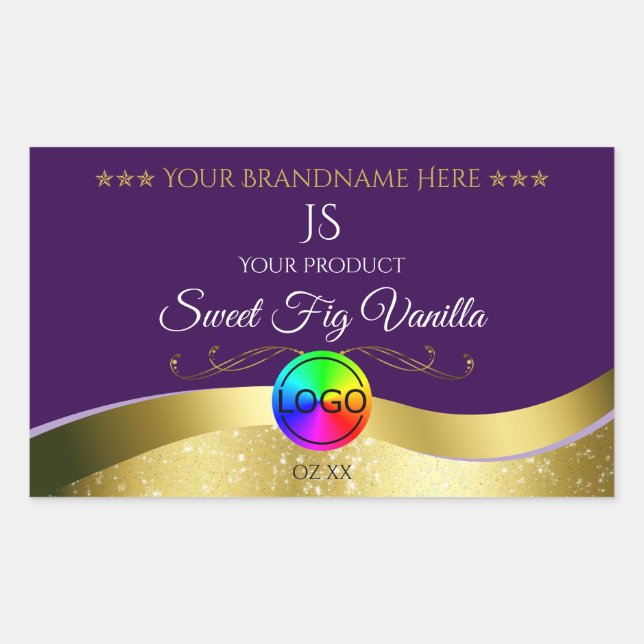 Adesivo Retangular Rótulo do Monograma Dourado Wavy Roxo Escuro (Frente)