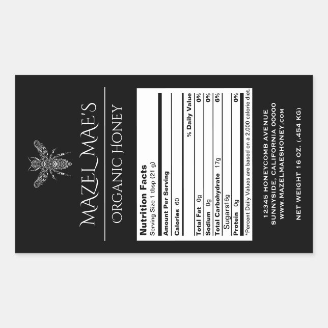 Adesivo Retangular Rótulos de Nutrição de Mel Caseiro Personalizado (Frente)
