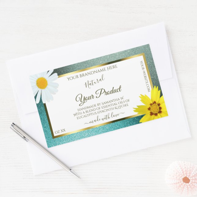 Adesivo Retangular Rótulos de Produto Branco Floral Teal e Azul Brilh (Envelope)