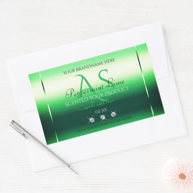 Adesivo Retangular Rótulos de produto verde Shimmery Rinostones Monog (Envelope)