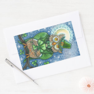 ADESIVO RETANGULAR RUAS. PATRICK DAY OWL, 4 LEAF CLOVER LEPRECHAUN