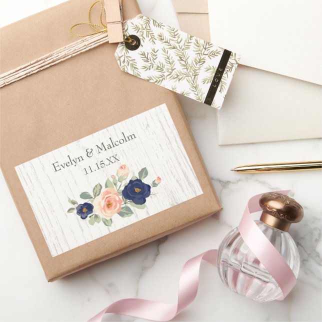 Adesivo Retangular Rustic Country Navy Blue and Peach Floral Wedding  (Presentear)