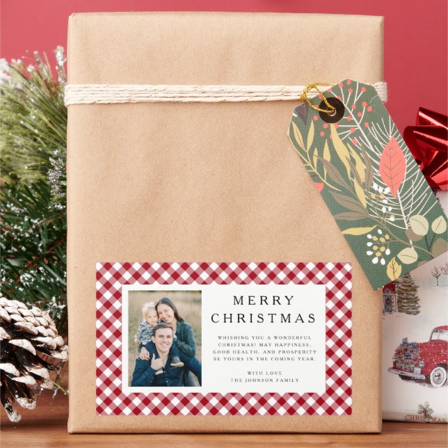 Adesivo Retangular Rustic Red Gingham Photo Christmas (Feriado)