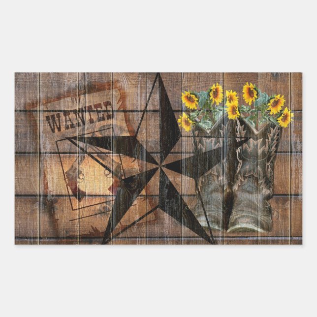 Adesivo Retangular Rustic Texas Star Western Pistola Boots (Frente)