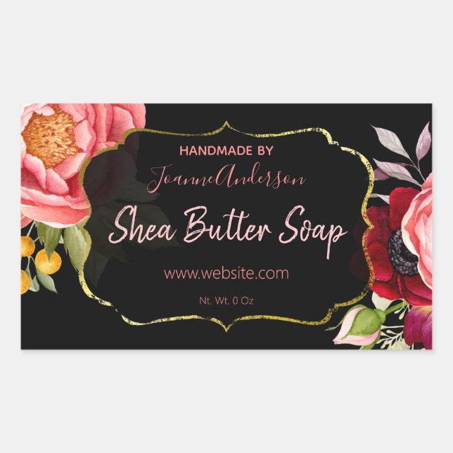 Adesivo Retangular Sabão Floral de Cor Dourada Rosa Preto (Frente)