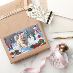 Adesivo Retangular Samoyed Correndo em Neve com Chapéu de Natal