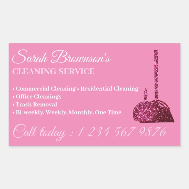 Adesivo Retangular Serviço de Limpeza Janitorial Pink Glitz Glam (Frente)